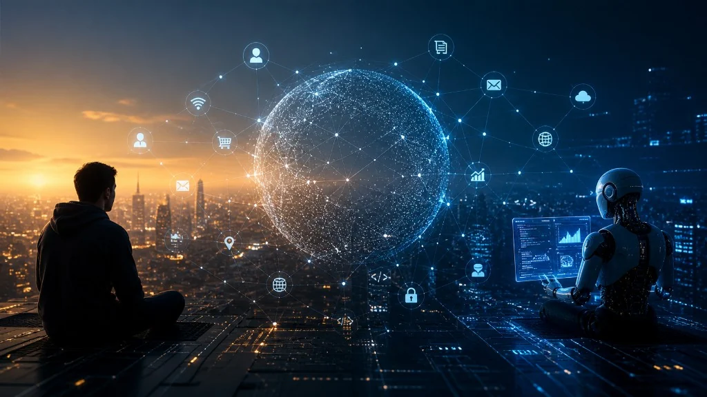 A human and robot observing a connected digital globe above a city, symbolizing humans supervising agent-native internet systems.